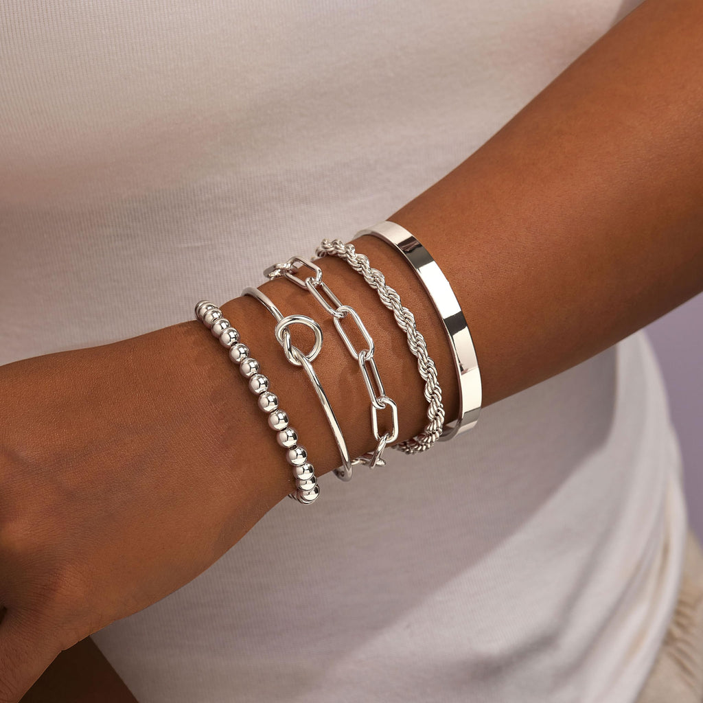 Gold Bracelets for Women Non Tarnish, 14K Gold Plated Chunky Cuff Bracelet Gold Bangles Bracelet for Women Trendy Tie Knot Cuban Rope Paperclip Beaded Bracelet Stack Jewelry Gifts