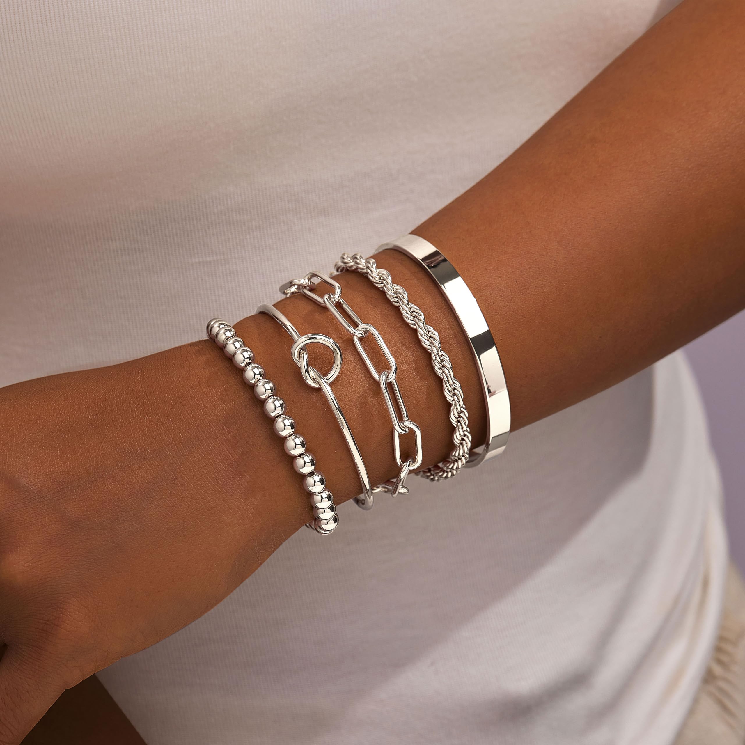 Gold Bracelets for Women Non Tarnish, 14K Gold Plated Chunky Cuff Bracelet Gold Bangles Bracelet for Women Trendy Tie Knot Cuban Rope Paperclip Beaded Bracelet Stack Jewelry Gifts