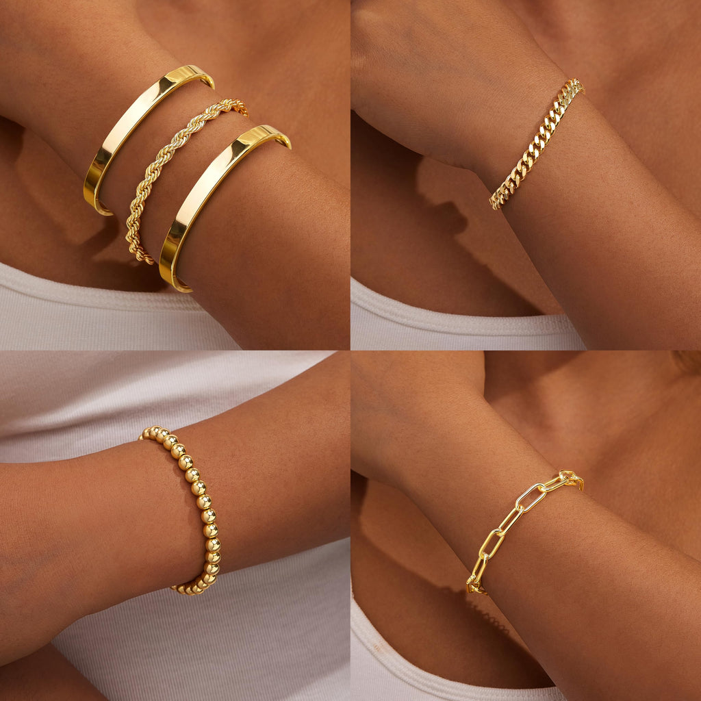 Gold Bracelets for Women Non Tarnish, 14K Gold Plated Chunky Cuff Bracelet Gold Bangles Bracelet for Women Trendy Tie Knot Cuban Rope Paperclip Beaded Bracelet Stack Jewelry Gifts