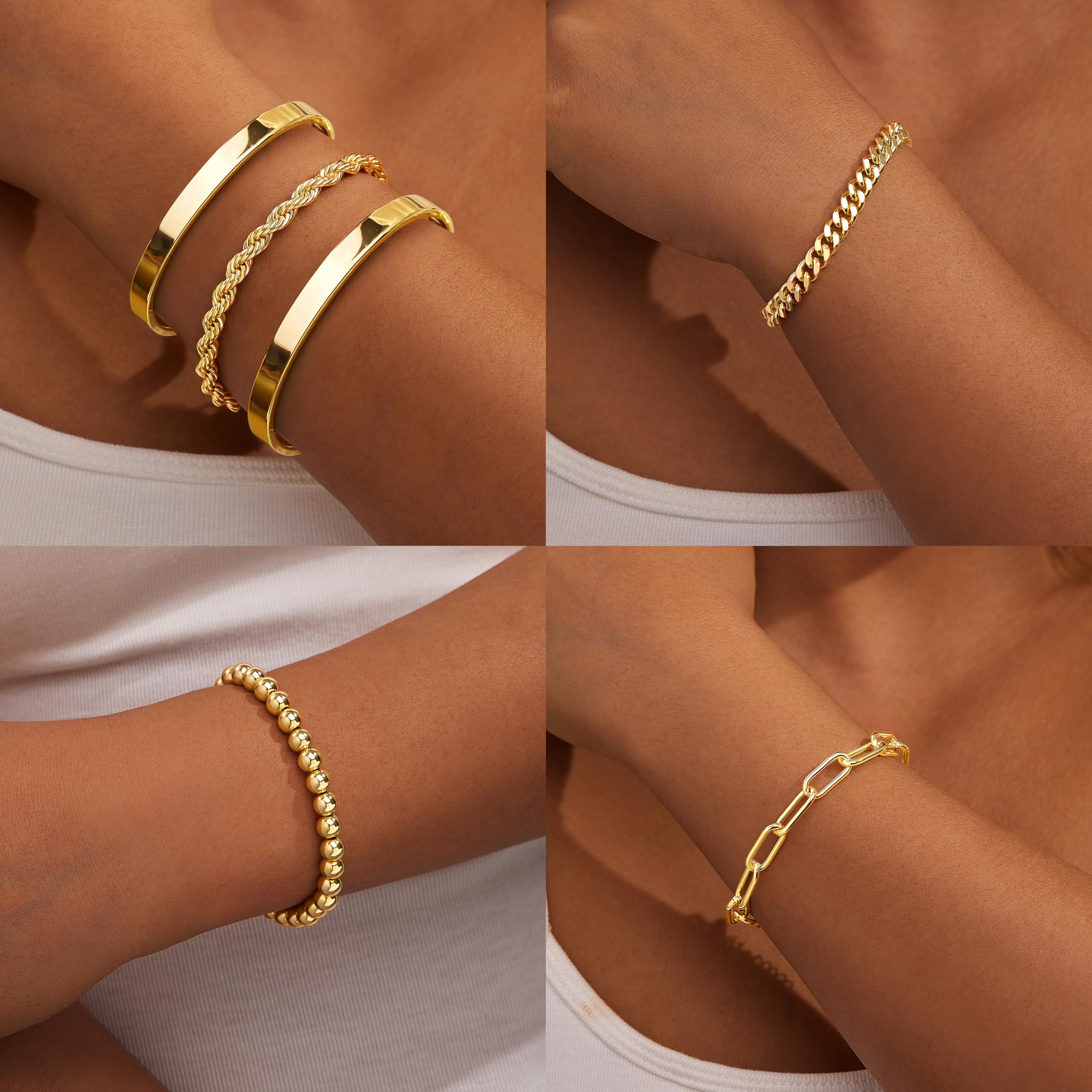 Gold Bracelets for Women Non Tarnish, 14K Gold Plated Chunky Cuff Bracelet Gold Bangles Bracelet for Women Trendy Tie Knot Cuban Rope Paperclip Beaded Bracelet Stack Jewelry Gifts
