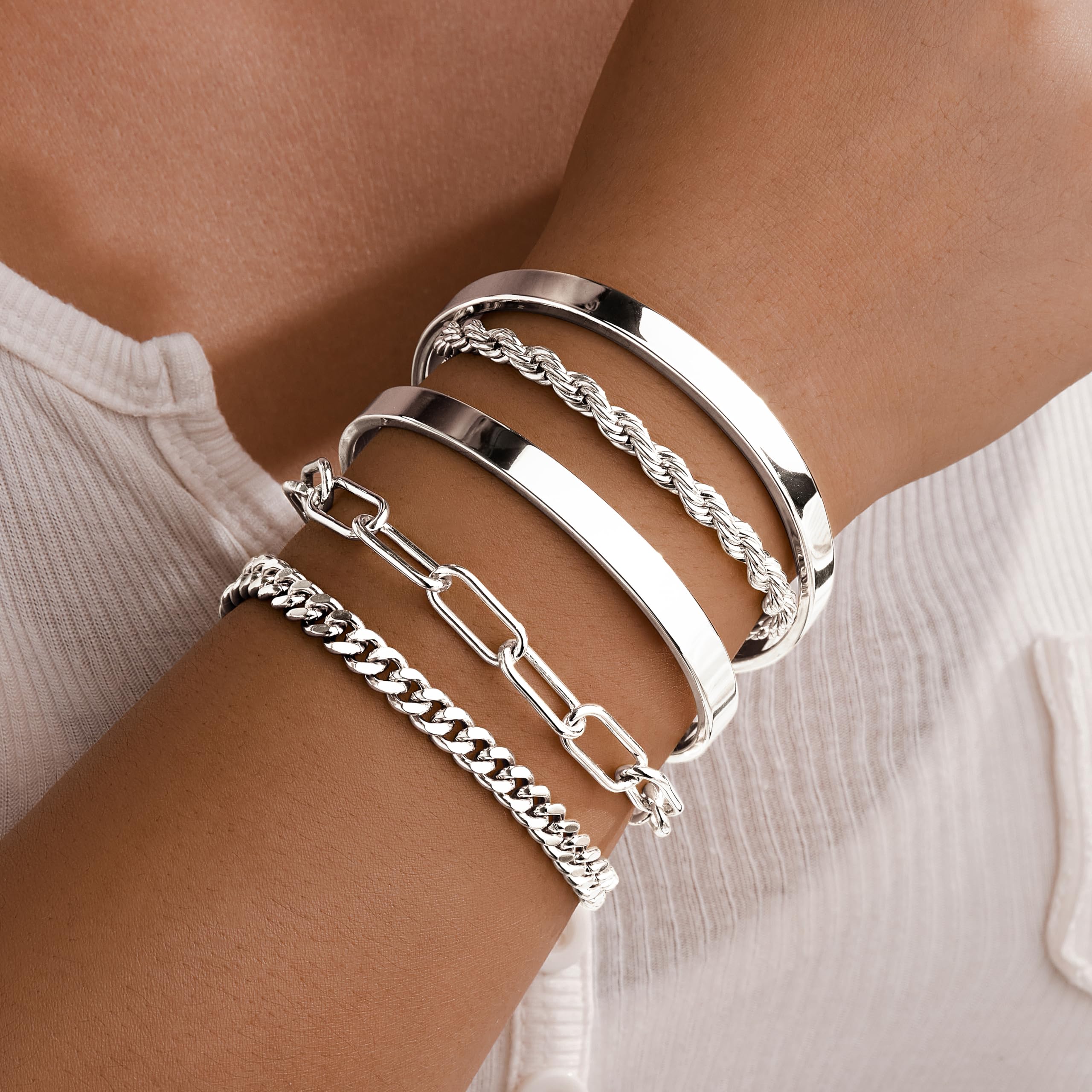 Gold Bracelets for Women Non Tarnish, 14K Gold Plated Chunky Cuff Bracelet Gold Bangles Bracelet for Women Trendy Tie Knot Cuban Rope Paperclip Beaded Bracelet Stack Jewelry Gifts