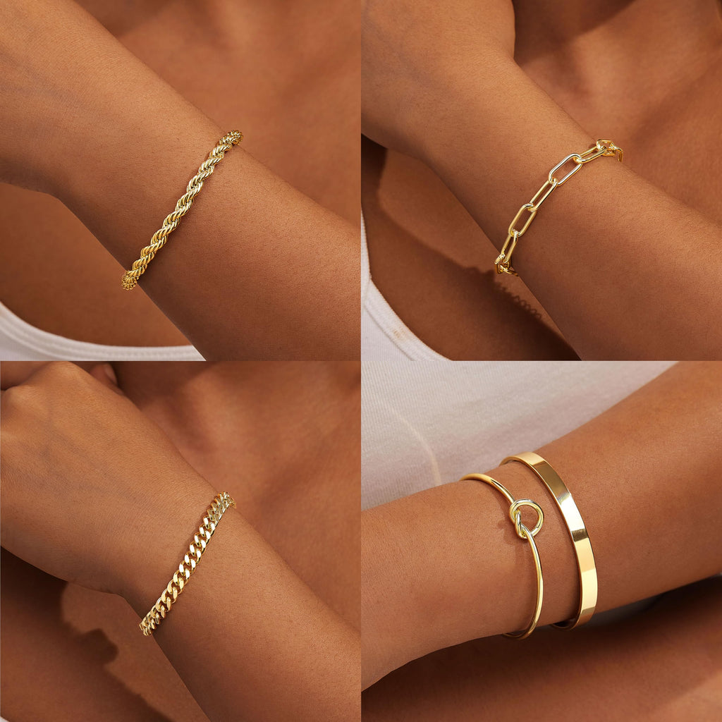 Gold Bracelets for Women Non Tarnish, 14K Gold Plated Chunky Cuff Bracelet Gold Bangles Bracelet for Women Trendy Tie Knot Cuban Rope Paperclip Beaded Bracelet Stack Jewelry Gifts