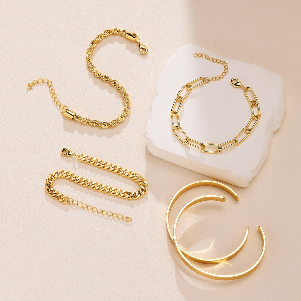 Gold Bracelets for Women Non Tarnish, 14K Gold Plated Chunky Cuff Bracelet Gold Bangles Bracelet for Women Trendy Tie Knot Cuban Rope Paperclip Beaded Bracelet Stack Jewelry Gifts