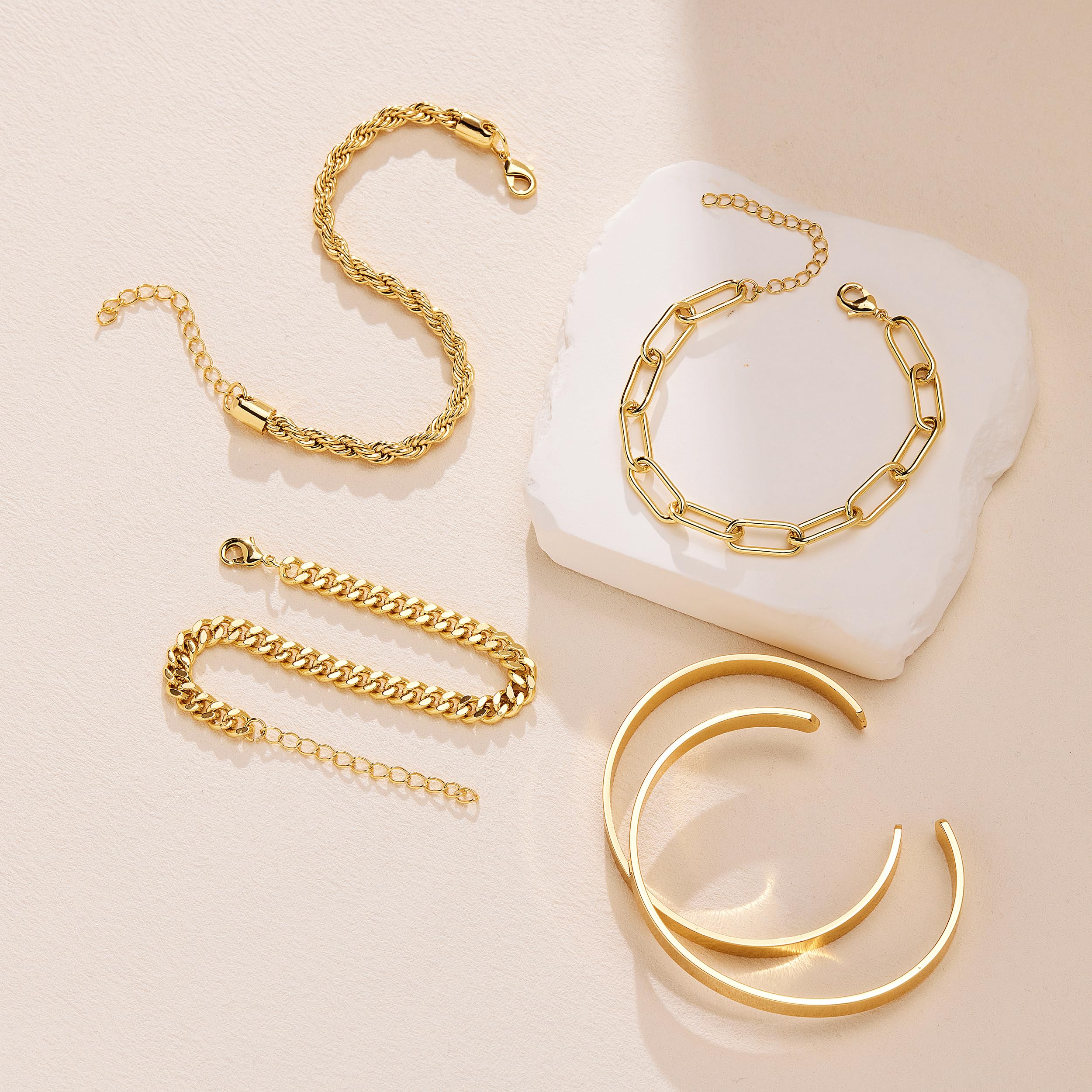 Gold Bracelets for Women Non Tarnish, 14K Gold Plated Chunky Cuff Bracelet Gold Bangles Bracelet for Women Trendy Tie Knot Cuban Rope Paperclip Beaded Bracelet Stack Jewelry Gifts